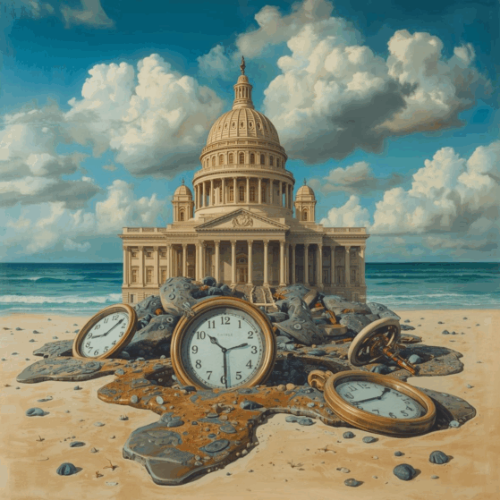 surreal photo montage of a capital building on a beach with bizarre clocks
